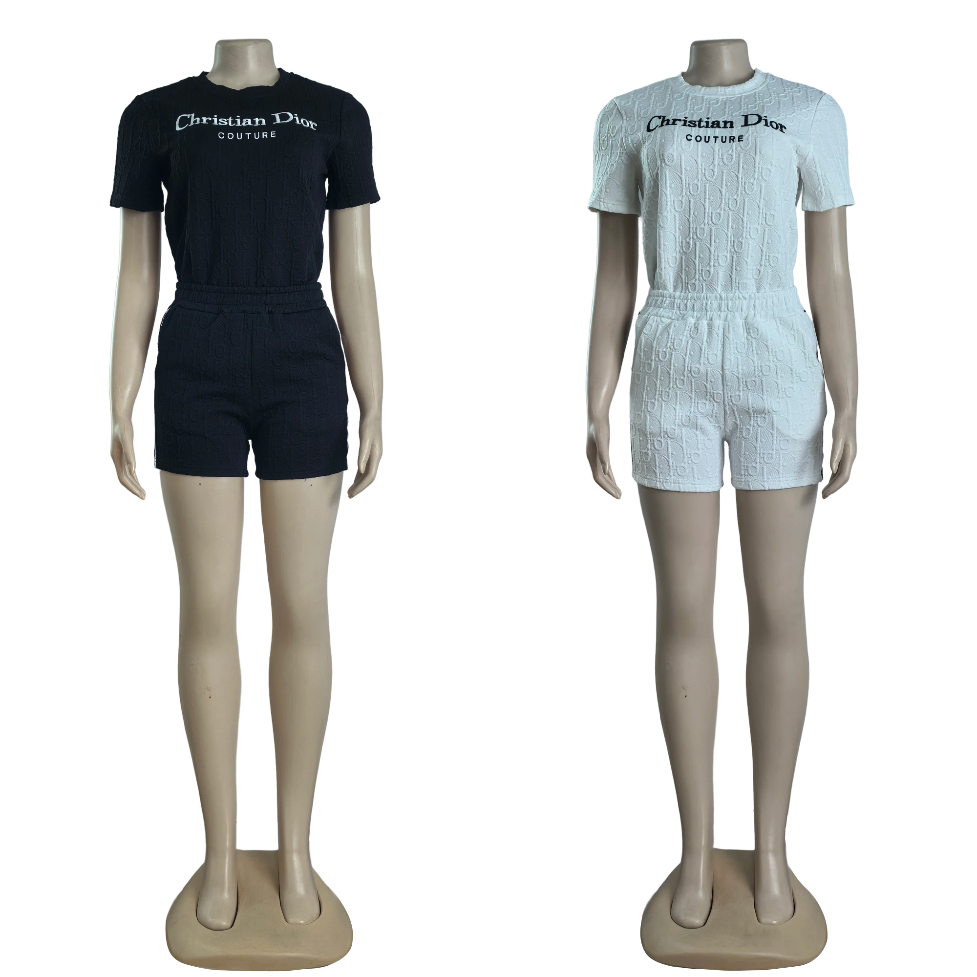 Women Embroidered short-sleeved top and shorts jacquard two-piece set