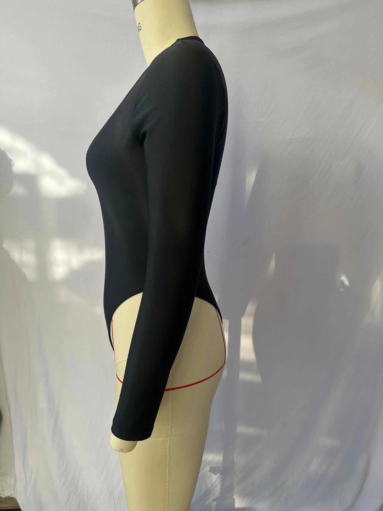 U-Neck Long Sleeve Solid Color Swimsuit