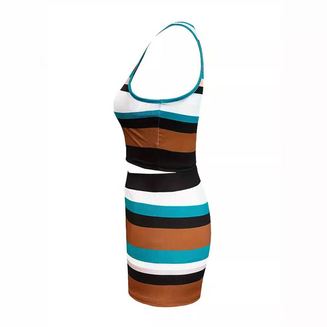 Women spring and autumn knitting striped vest and shorts two-piece set