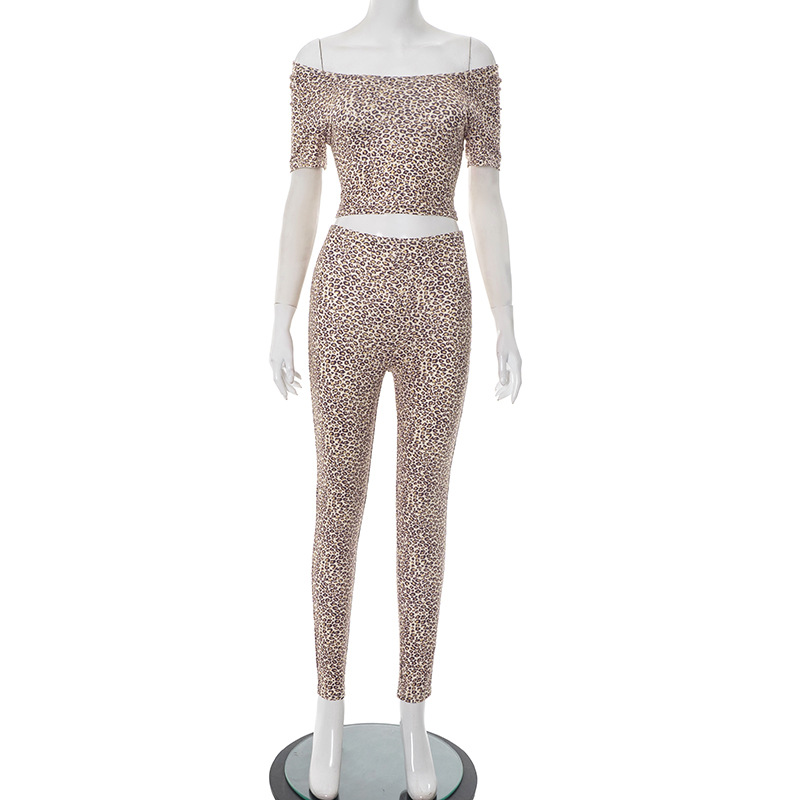Women Spring and Summer Leopard Print Off Shoulder Top and Crop Pants two-piece set