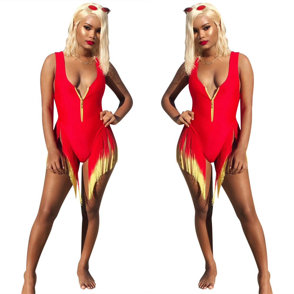 Women's Summer Gradient Color Tassel One-piece Swimsuit