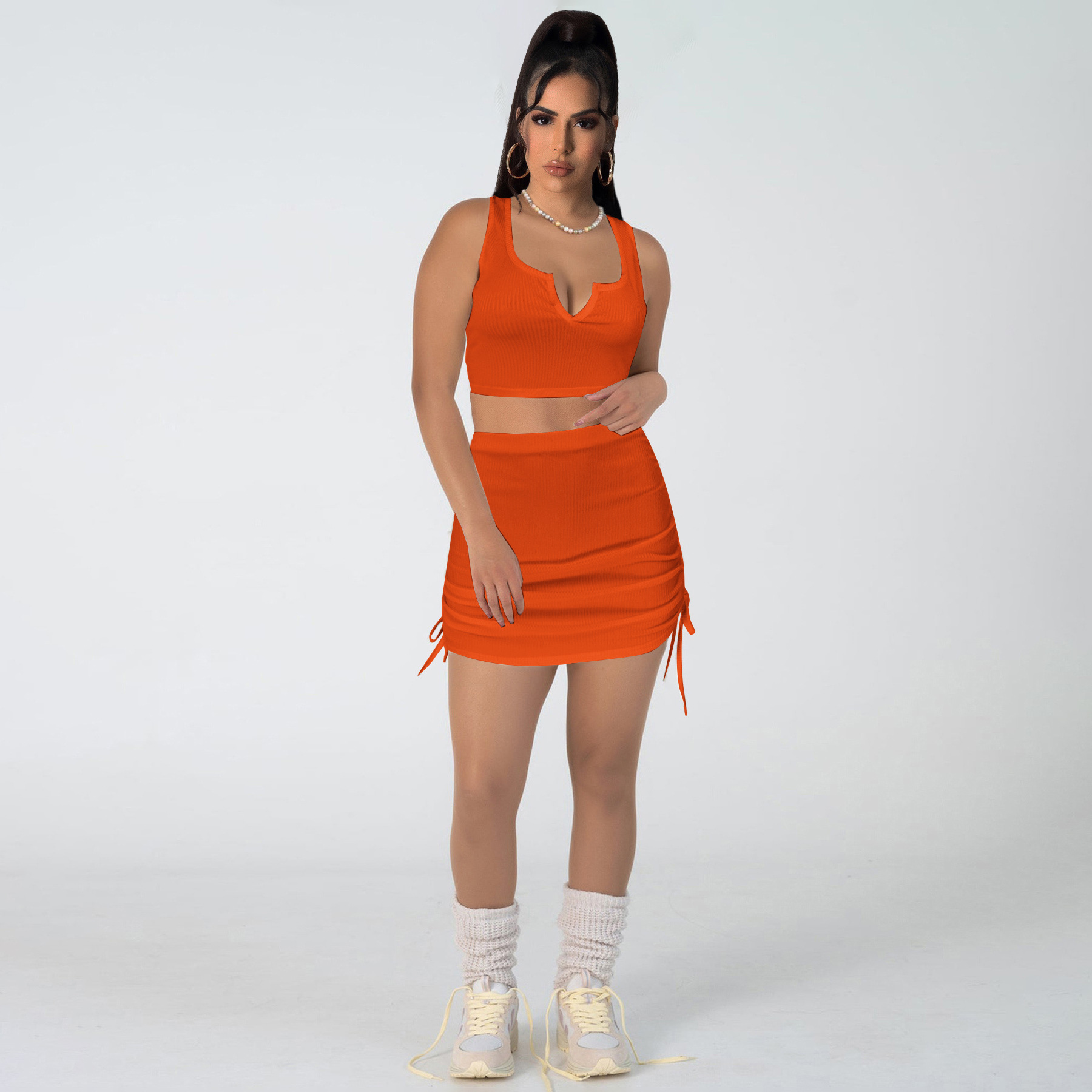 Women Stretch sexy v-neck Top and drawstring Solid Skirt two-piece set