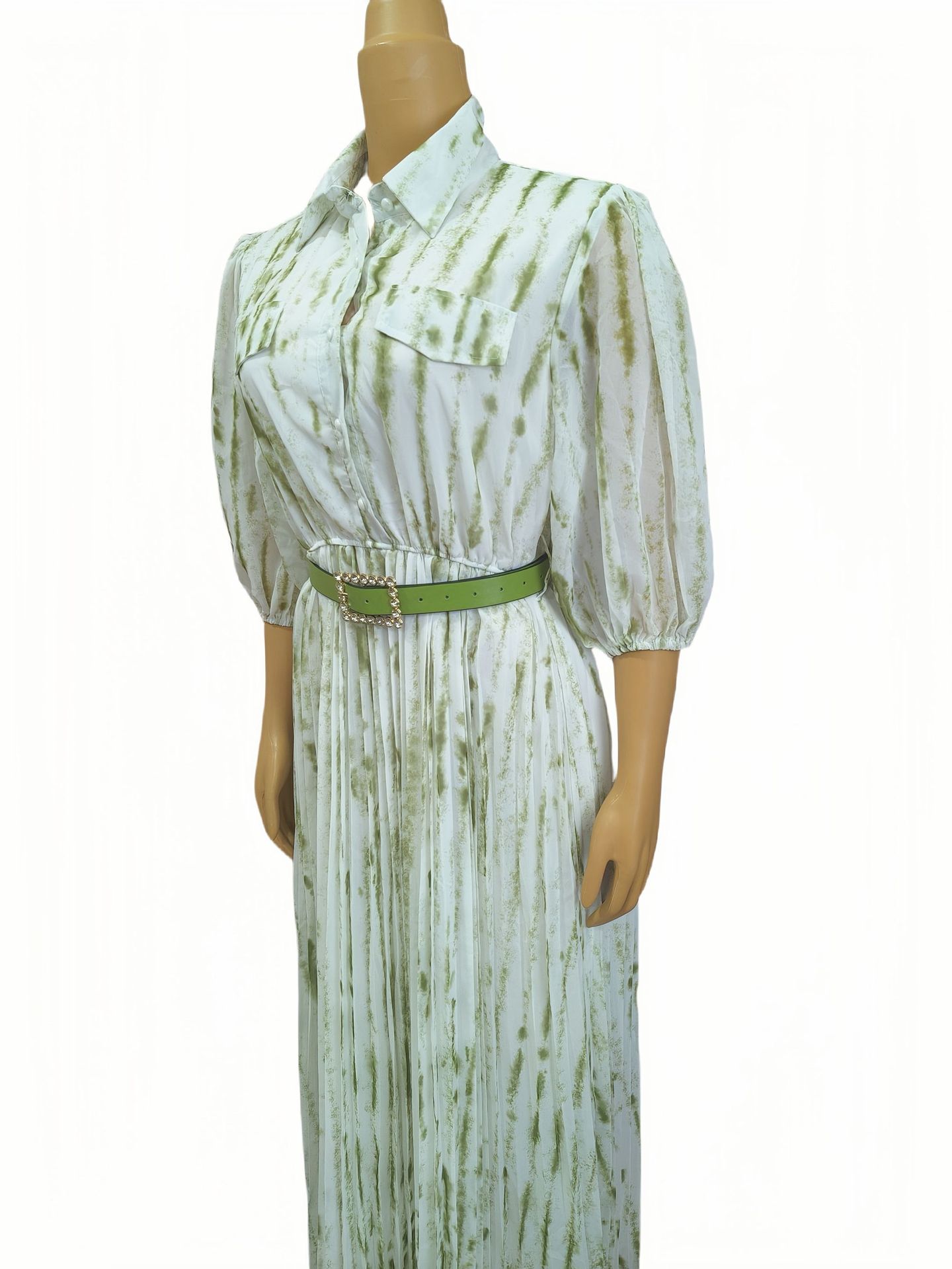 African Women Printed Turndown Collar Long Sleeve Chiffon Dress with Belt