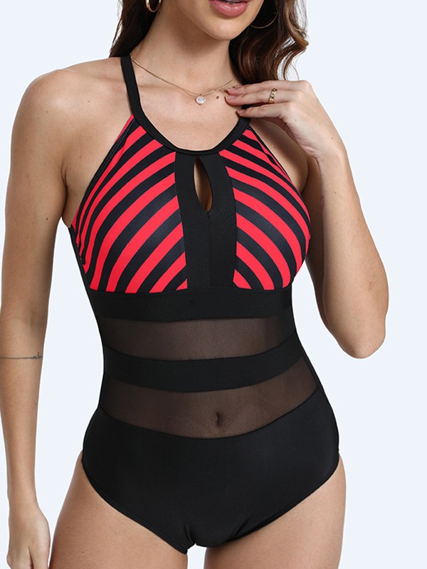 Sexy Lace Stripes One-Piece Plus Size Swimsuit