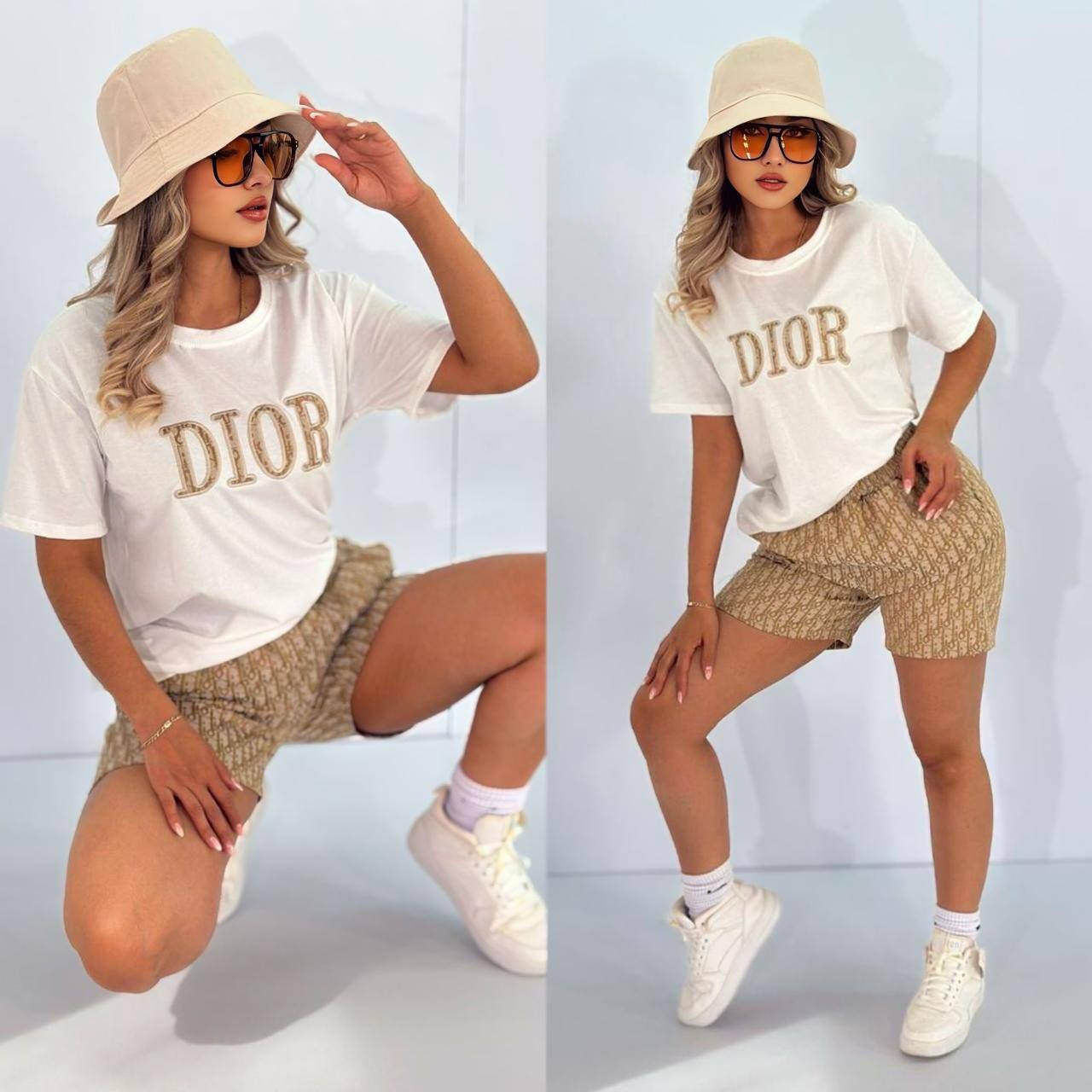 Women summer embroidery + printed short-sleeved top and shorts two-piece set