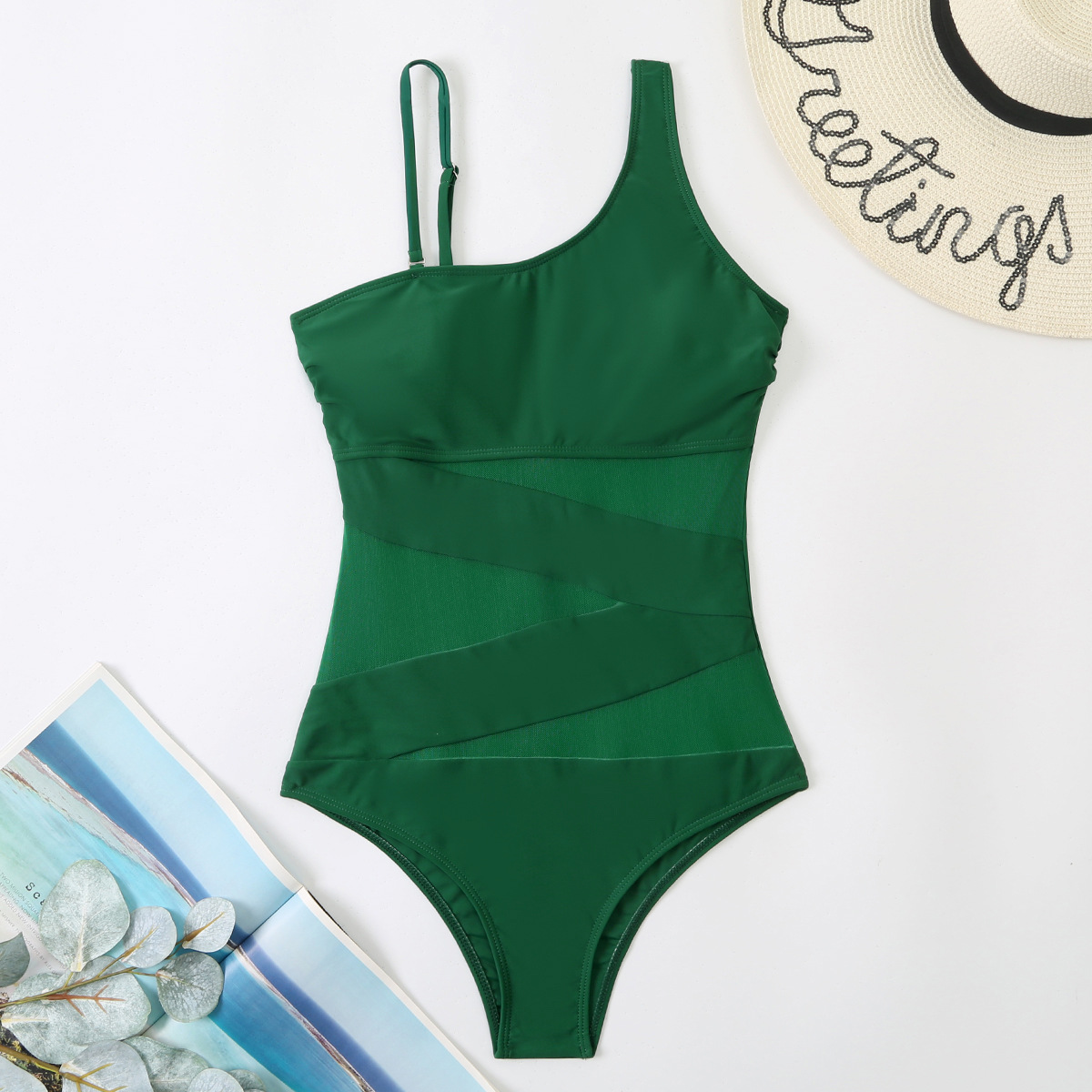 Patchwork Mesh Women's One-Piece Slash Shoulder Swimsuit