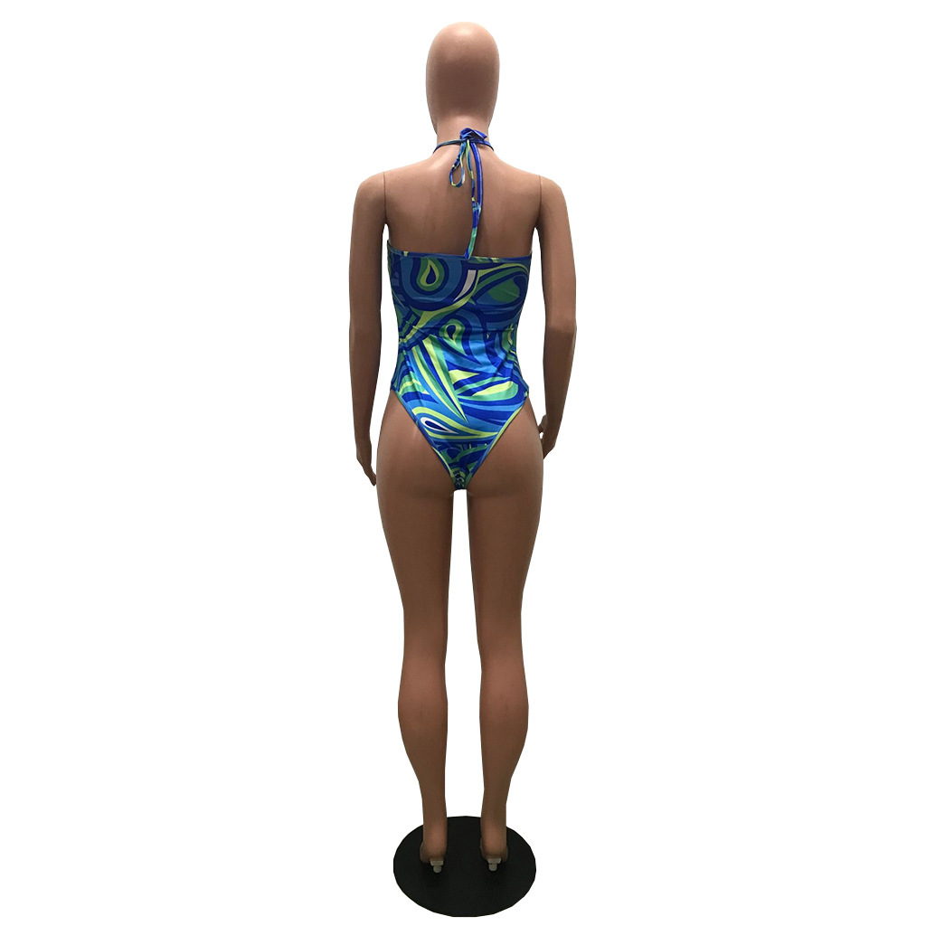 Women's fashion sexy Halter Lace-Up Low Back Print Bodysuit