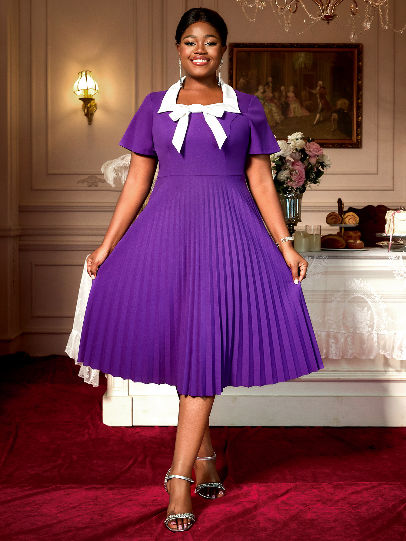Plus Size Women Elegant Purple Pleated White Bow Square Neck Dress