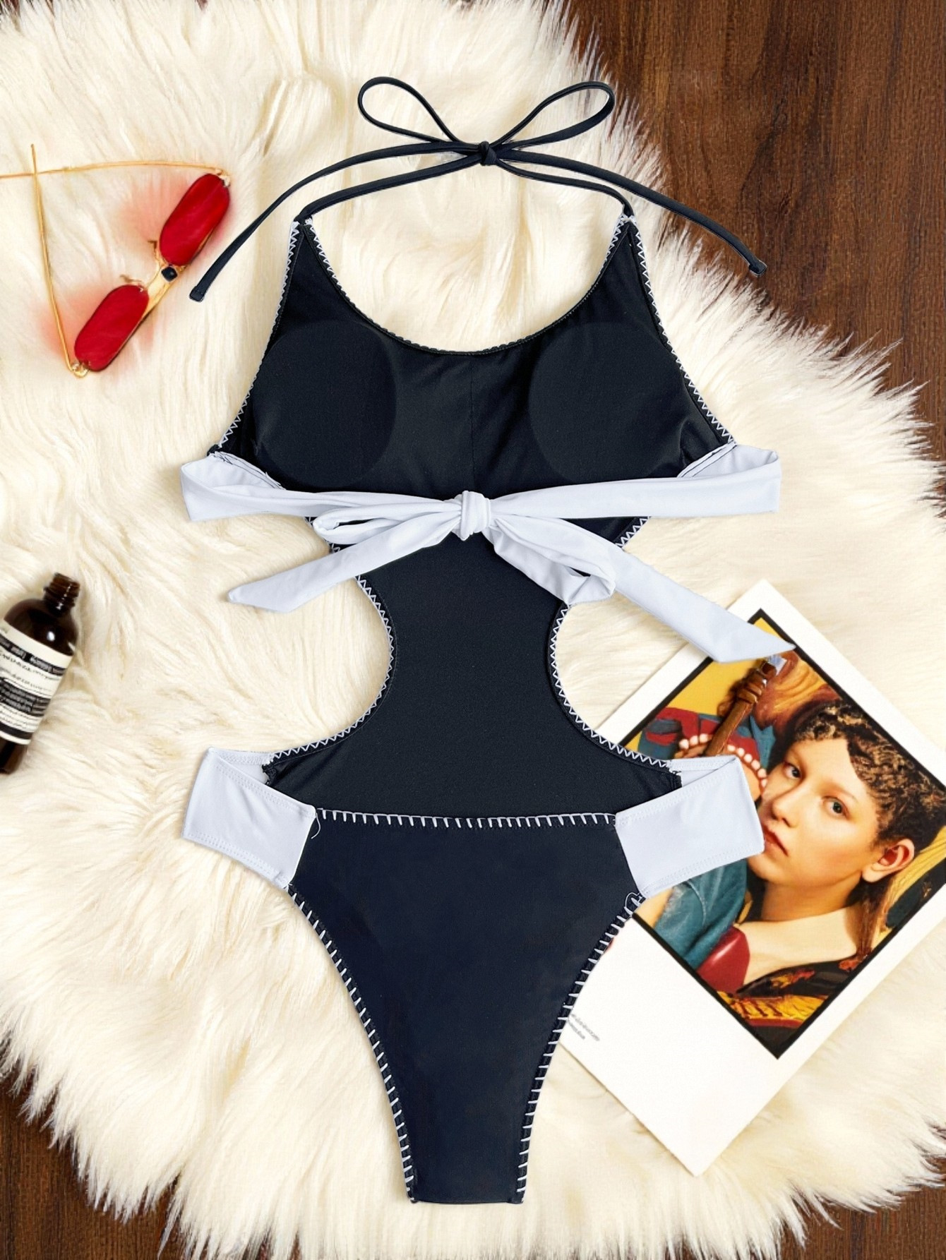 Women Lace-Up Bikini Sexy Color Block One-Piece Swimwear
