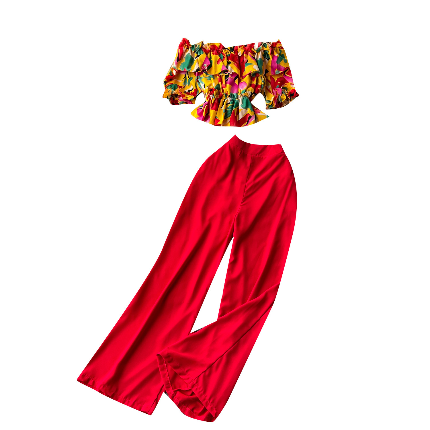Women French Off Shoulder Ruffled Floral Blouse and Wide Leg Pants Two-Piece Set