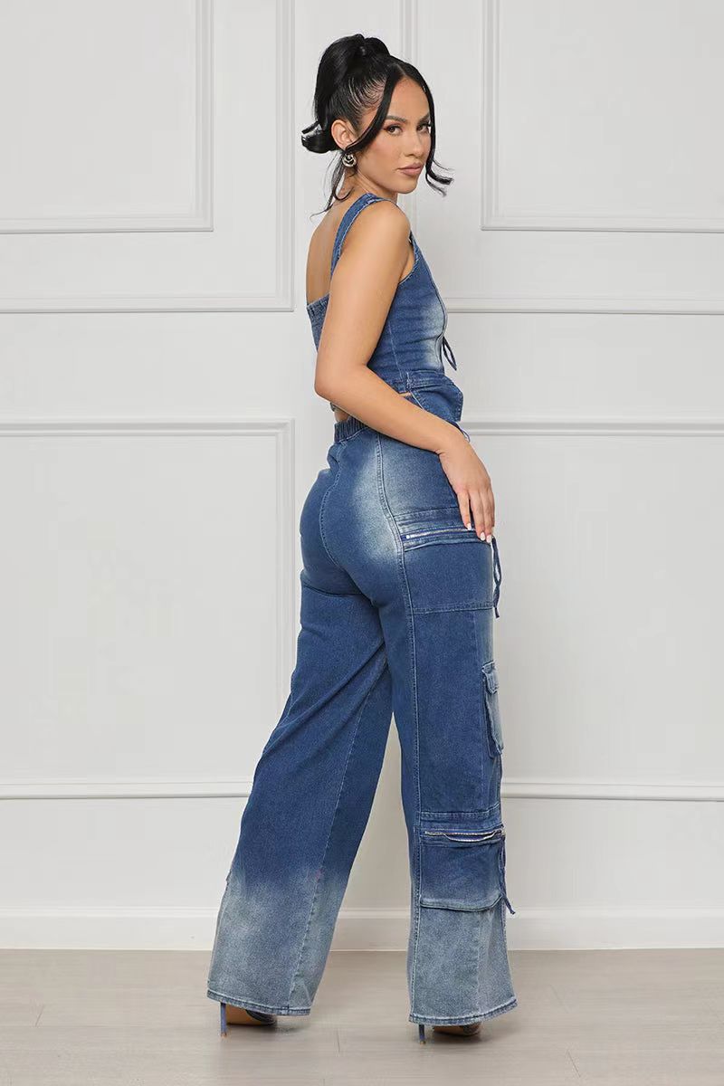 Women Casual Retro Vest and Multi-Pocket Wide Leg Pants Two-piece Set