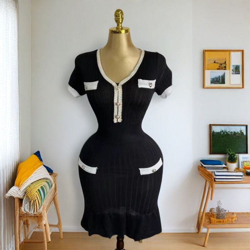 Women elegant v-neck fishtail knitting dress