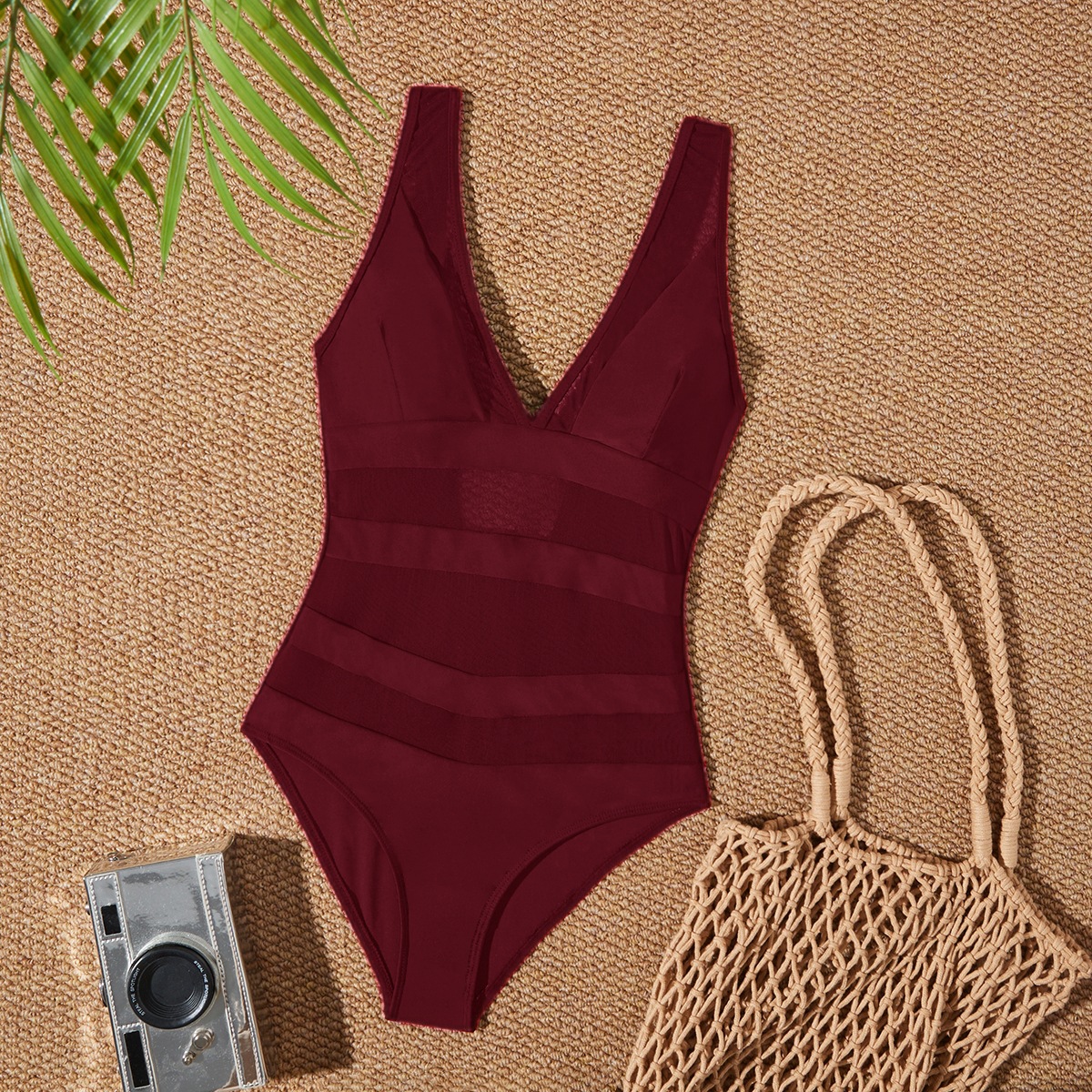 Women's Sexy V-Neck Mesh Patchwork One-Piece Swimsuit