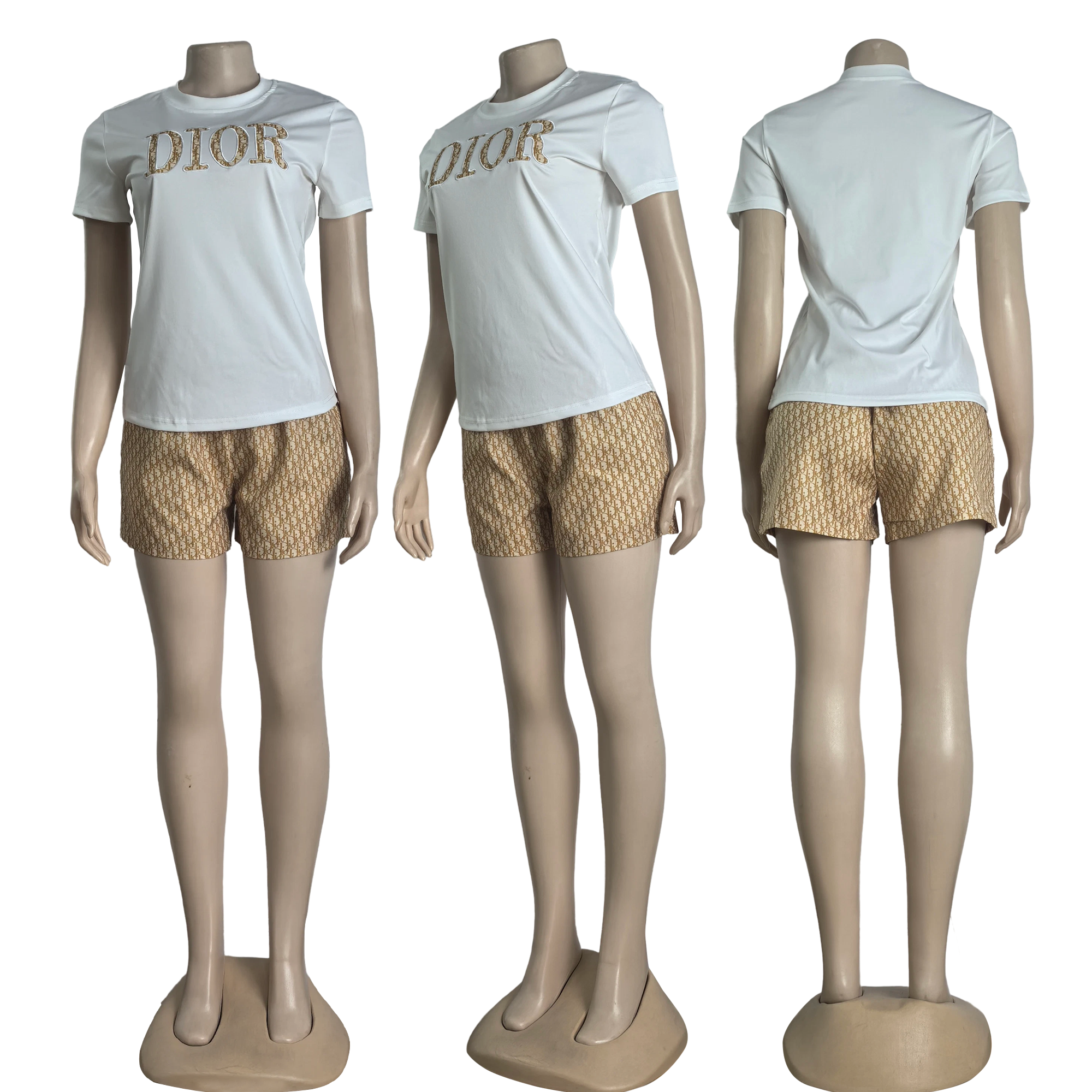 Women summer embroidery + printed short-sleeved top and shorts two-piece set