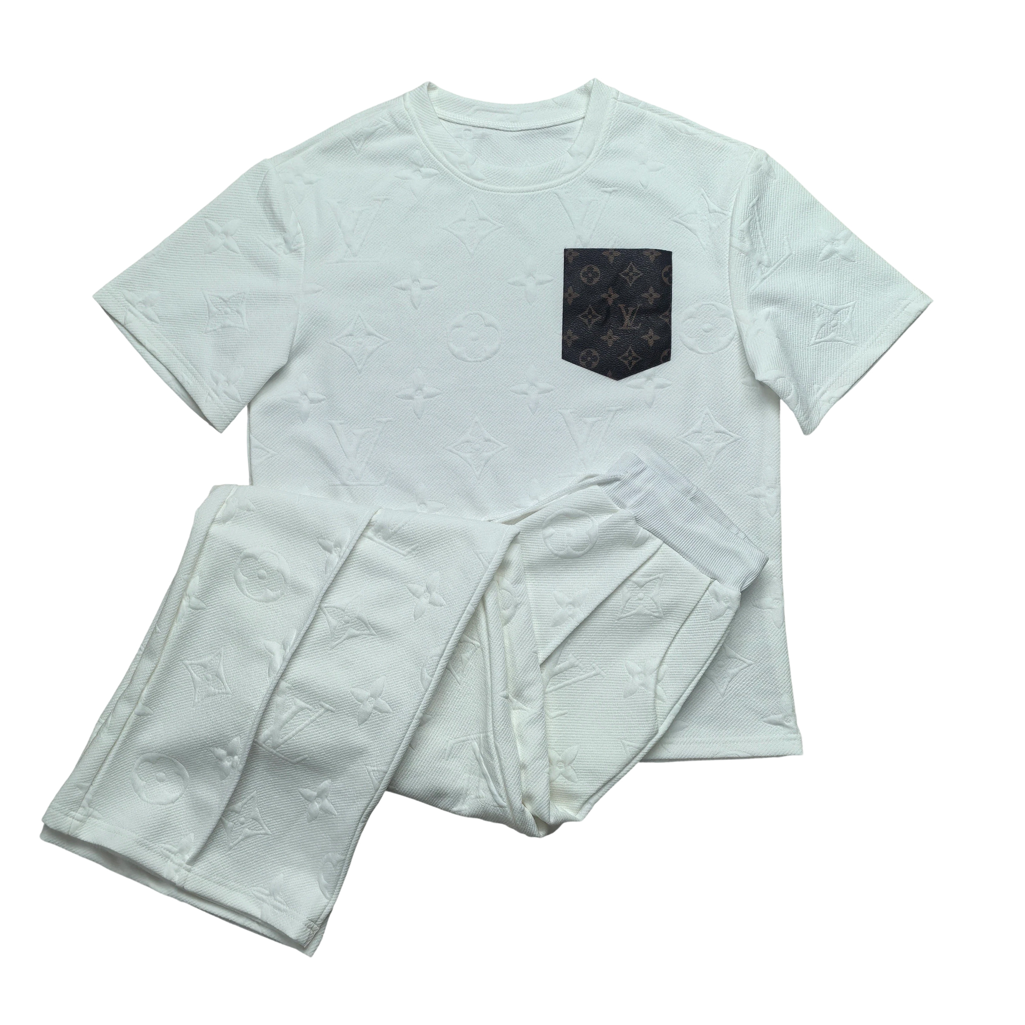 Women casual Pu-Leather pocket short-sleeved top and long pants jacquard two-piece set