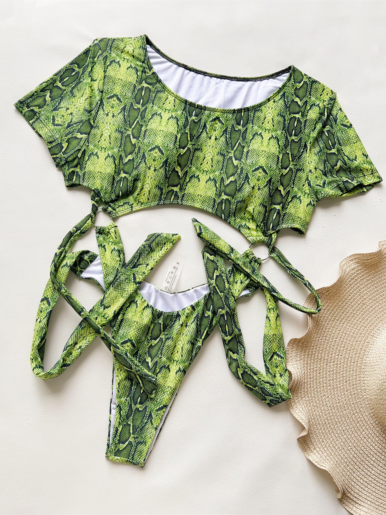Snake Print Women's Round Neck Short Sleeve One Piece Bikini Swimsuit