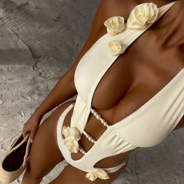 Women Solid Lace Pearl Flower Decoration Beach Sexy One-Piece Swimwear