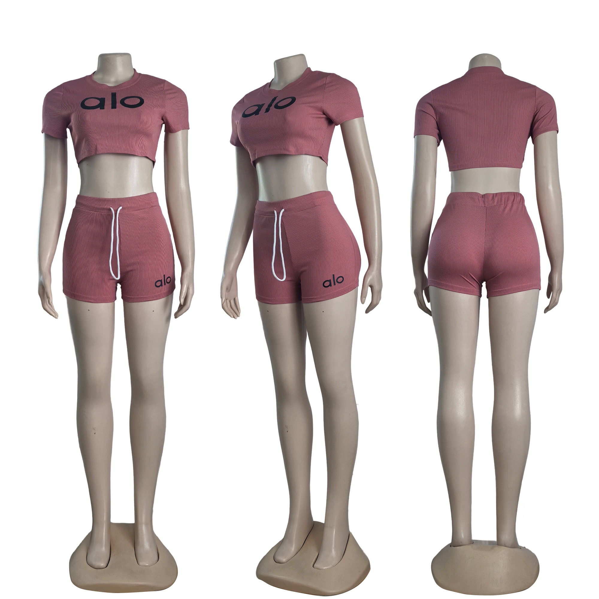 Women summer Stretch Round Neck short-sleeved top and shorts two-piece set