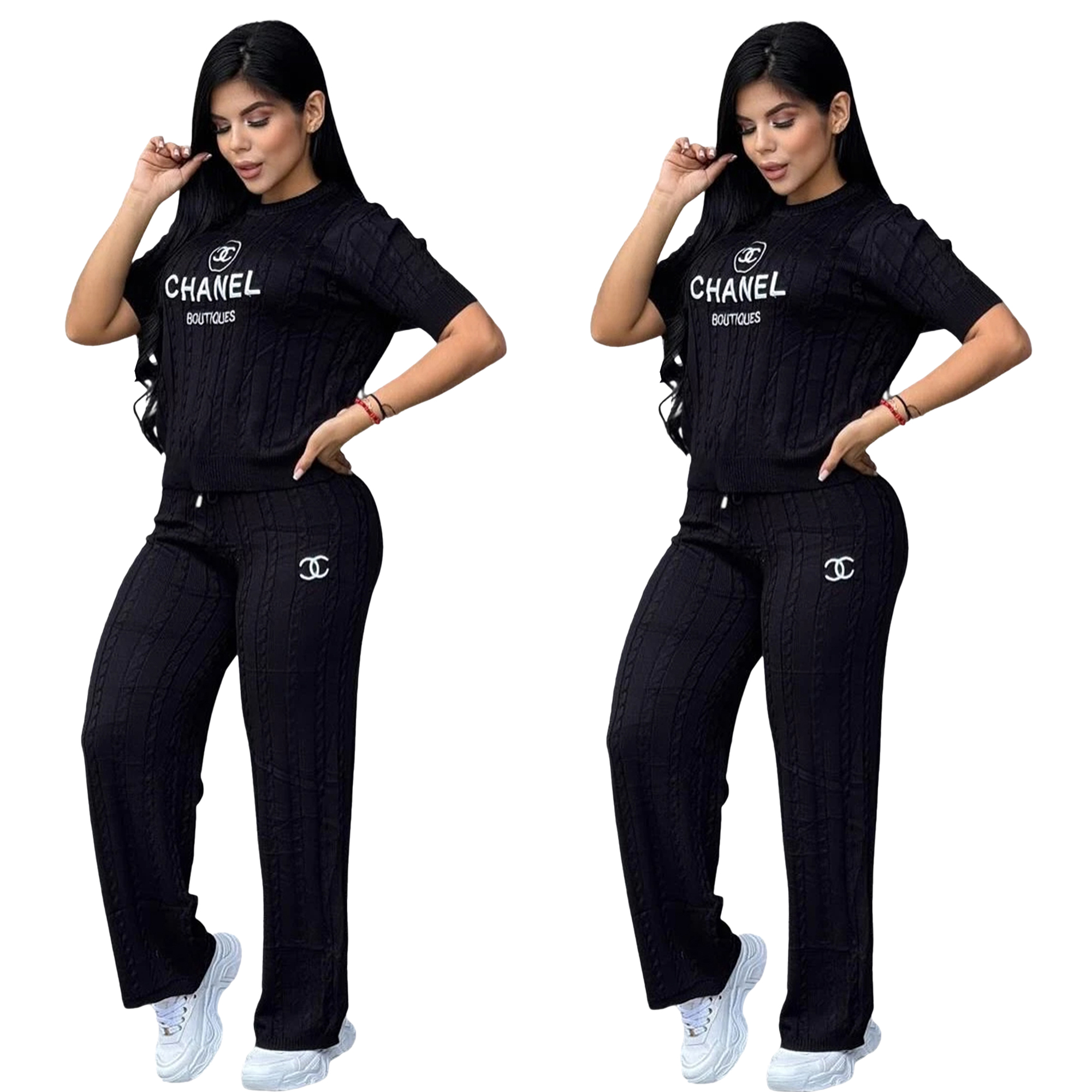 Women Knitting sweater autumn casual short-sleeved sweater top and long pants knitting two-piece set
