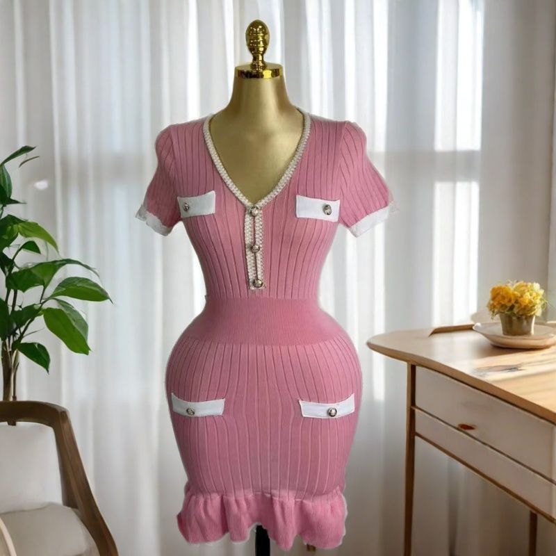 Women elegant v-neck fishtail knitting dress