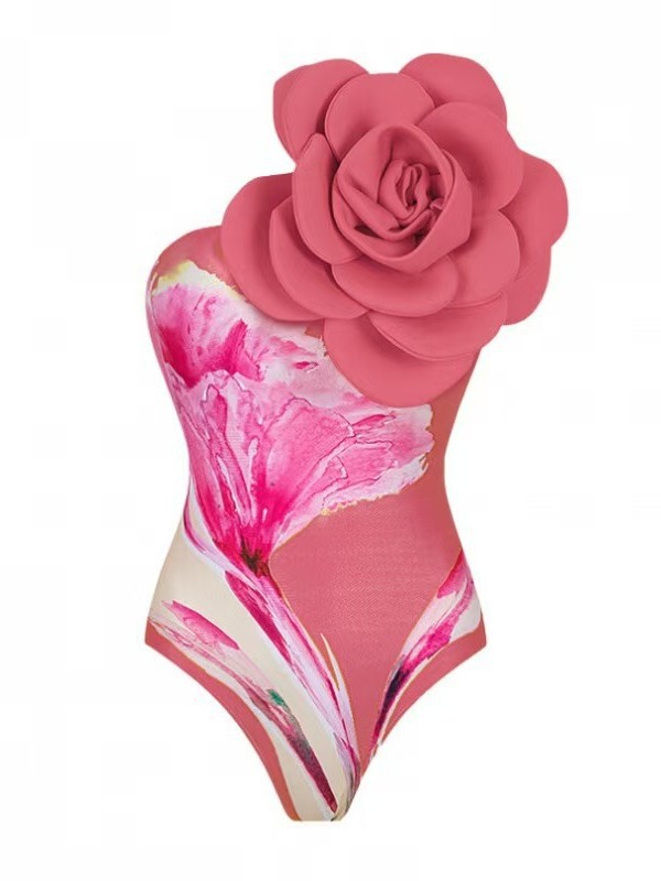 Women 3D Large Flower Print One-Piece Swimwear