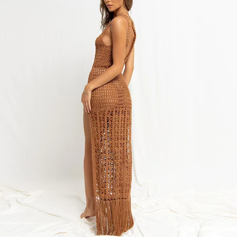 Women beach cover-up hollow lace tassel bikini dress