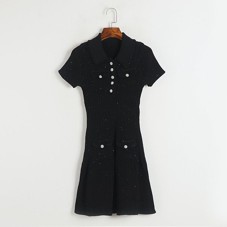 Women French spring Summer Turndown Collar knitting dress