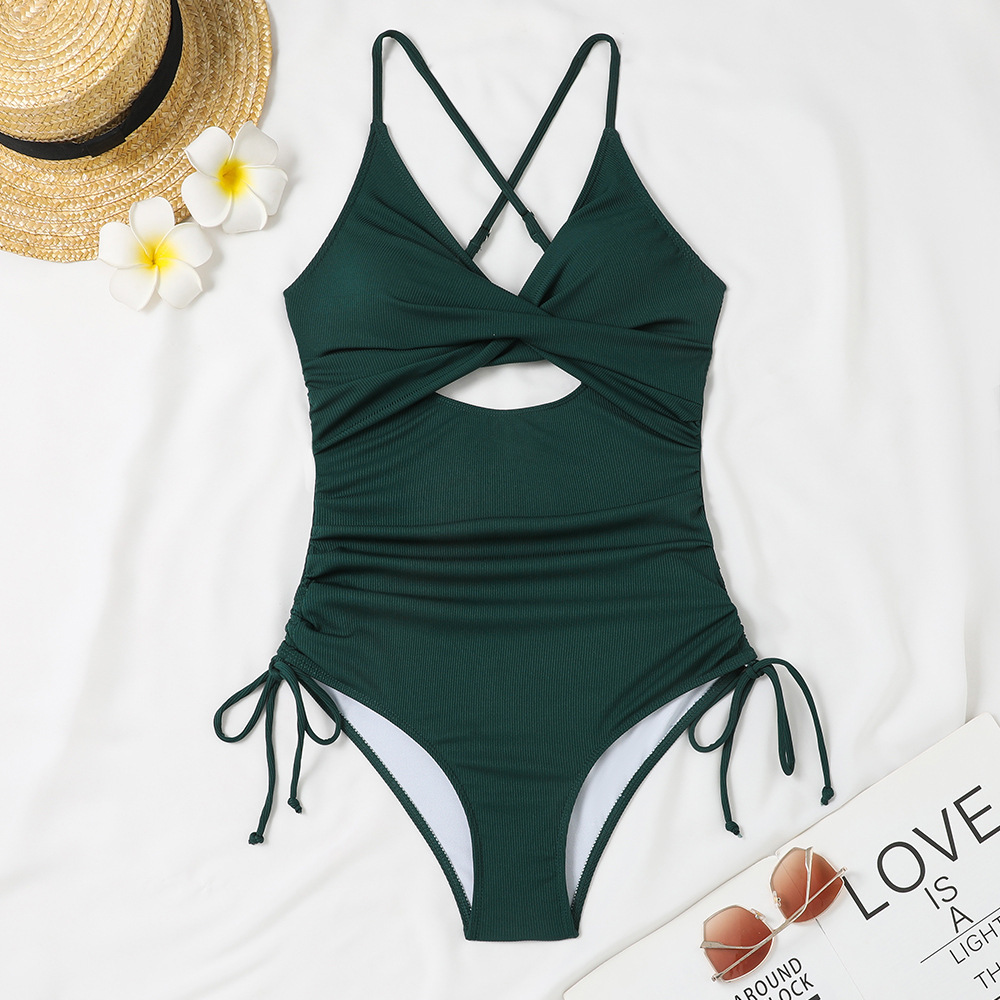 Spring Holidays Women Sexy Deep V Neck Hollow One-Piece Swimsuit