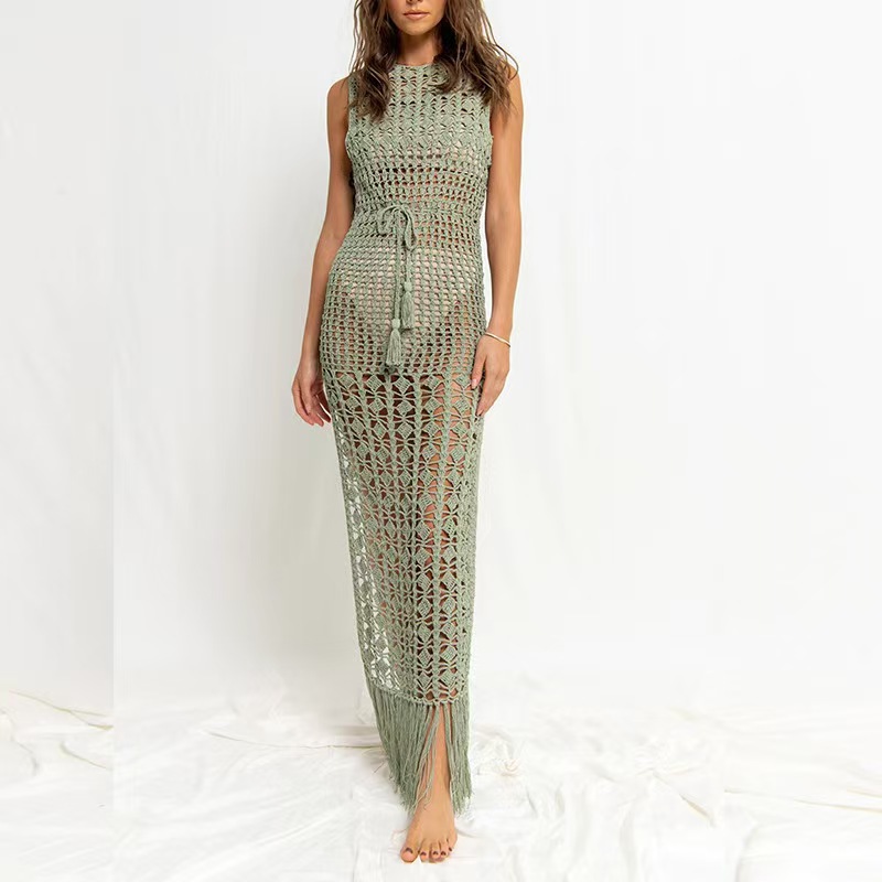 Women beach cover-up hollow lace tassel bikini dress