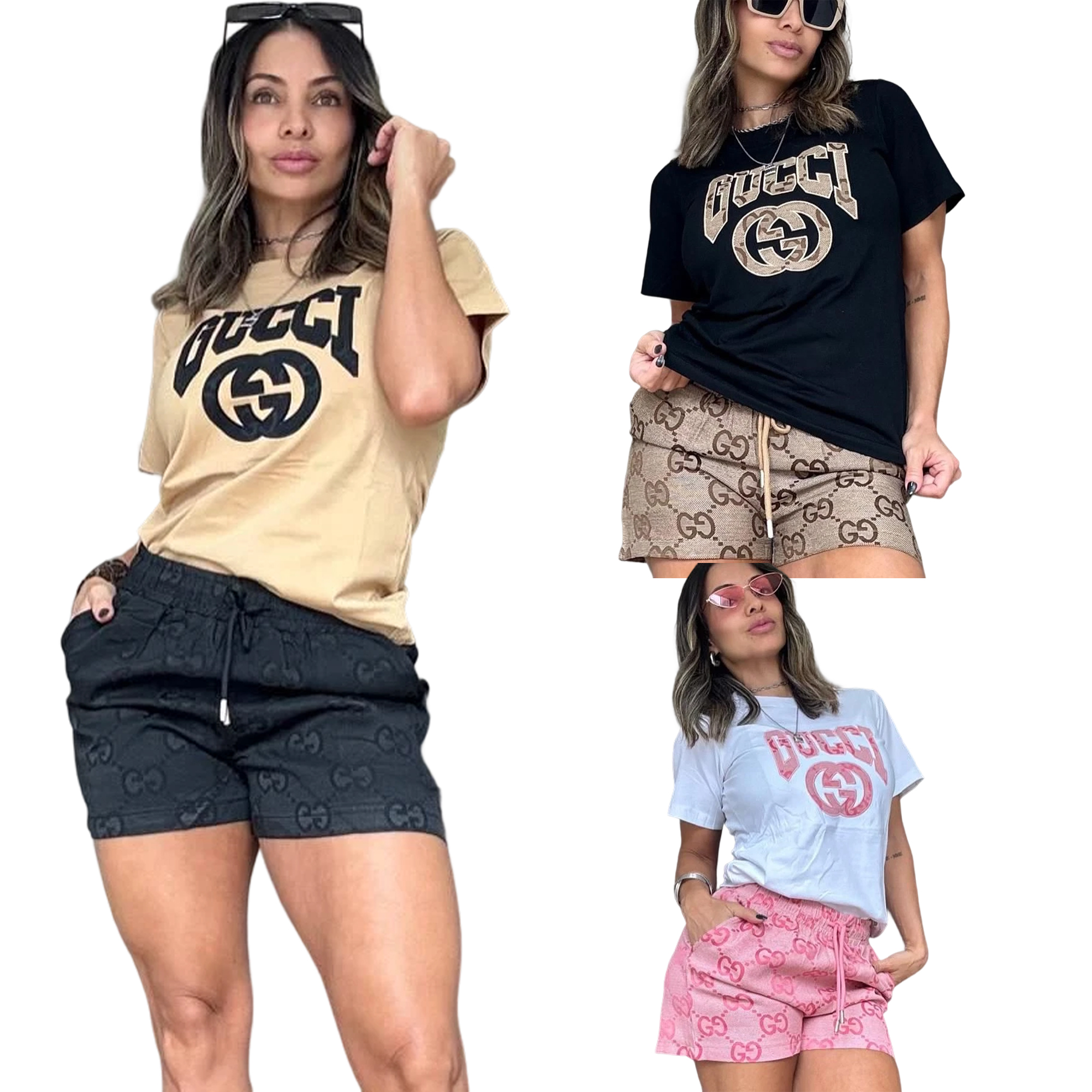 Women Summer Embroidered Printed Short Sleeve Top and Shorts Two-Piece Set