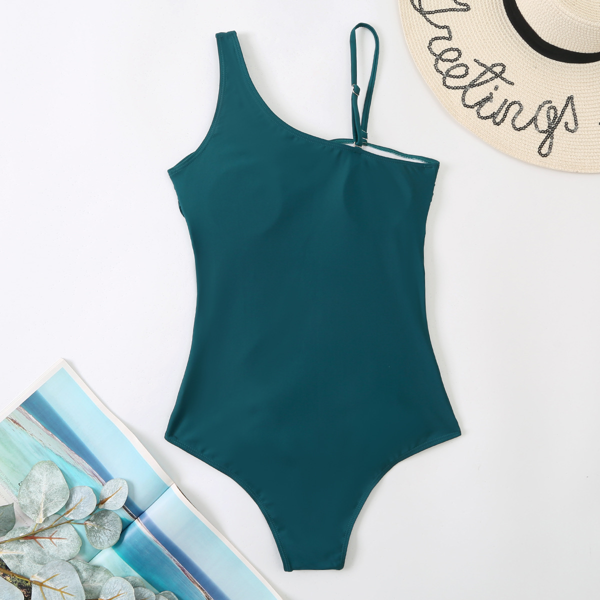 Patchwork Mesh Women's One-Piece Slash Shoulder Swimsuit