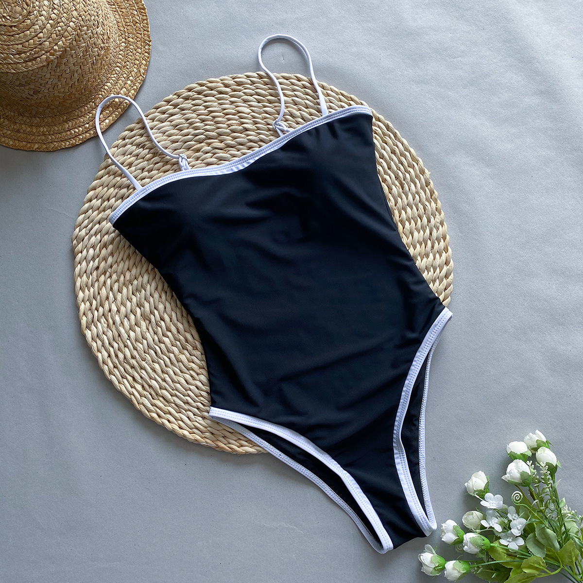 Women Contrast Color Strap One Piece Swimsuit