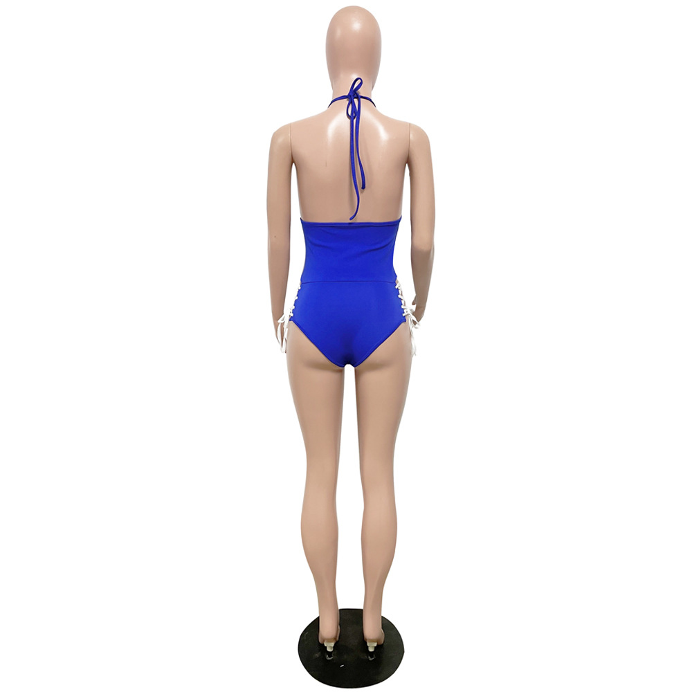 Women's sexy solid color Halter Neck one-piece hollow swimsuit