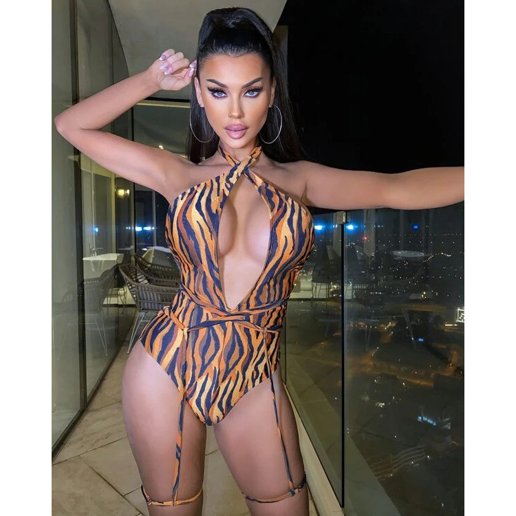 Sexy Hollow Halter Neck Tiger Print Lace-Up One-Piece Swimsuit