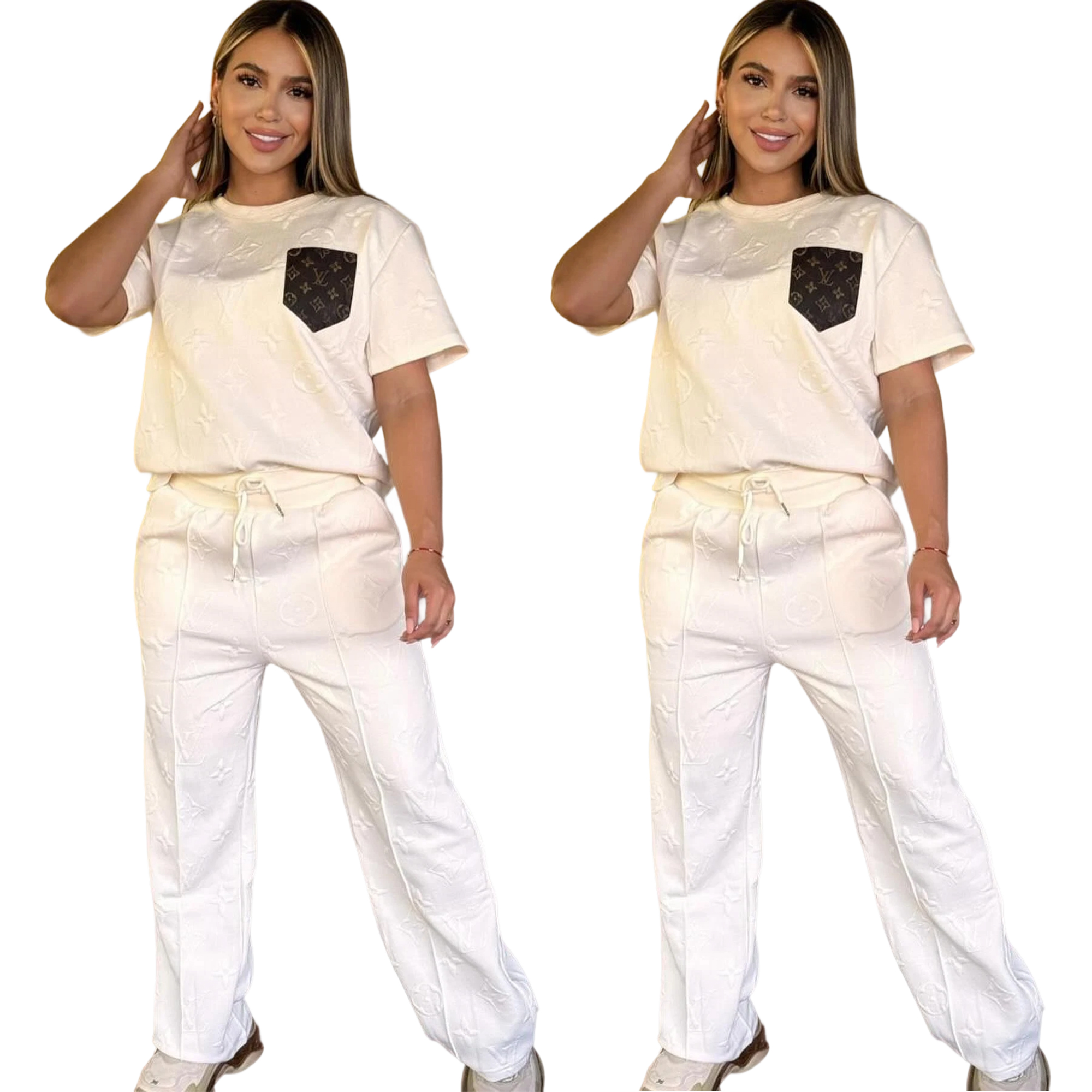 Women casual Pu-Leather pocket short-sleeved top and long pants jacquard two-piece set