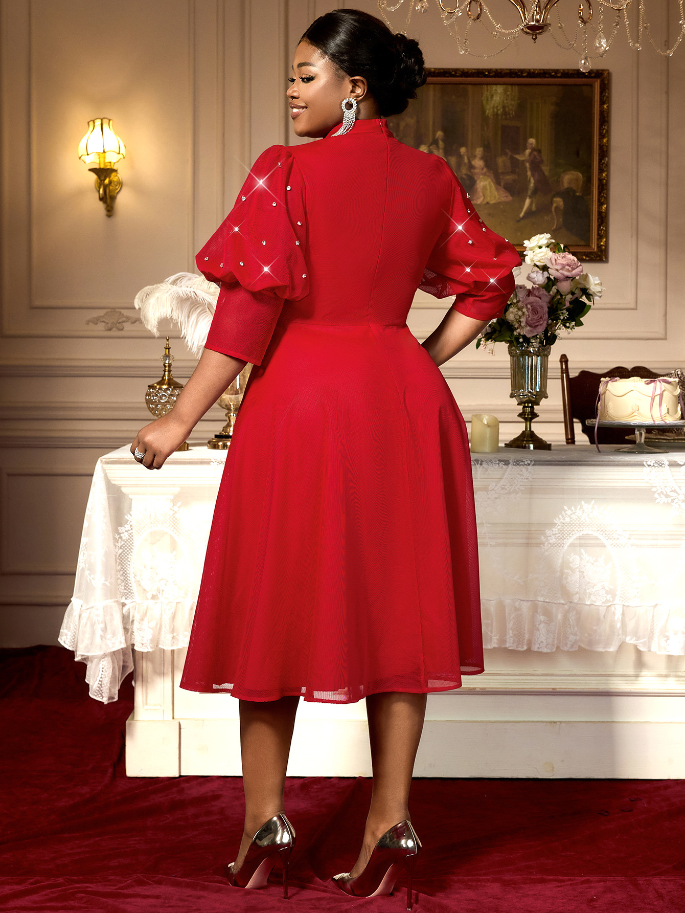 Plus Size Women Red Translucent Lantern Sleeve Half High Neck Elegant Dress