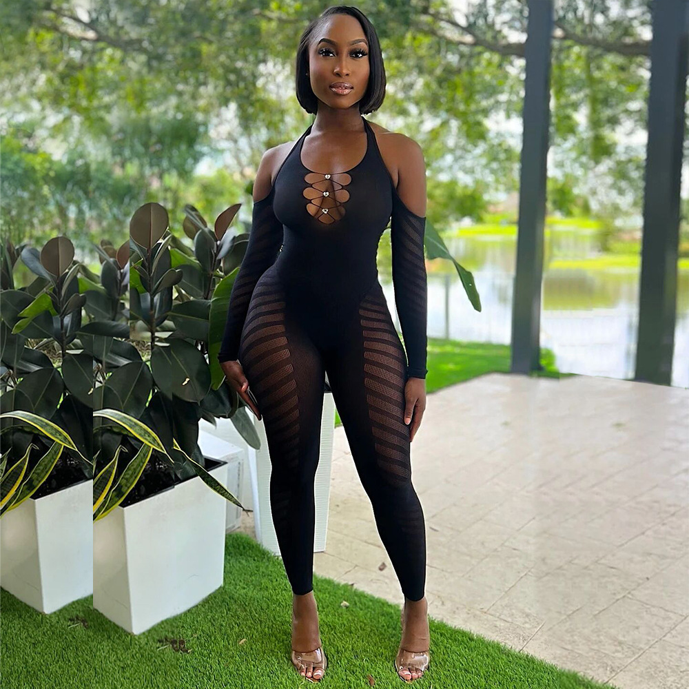 Women Fall Solid Halter Neck Hollow See-Through Backless Sexy Jumpsuit