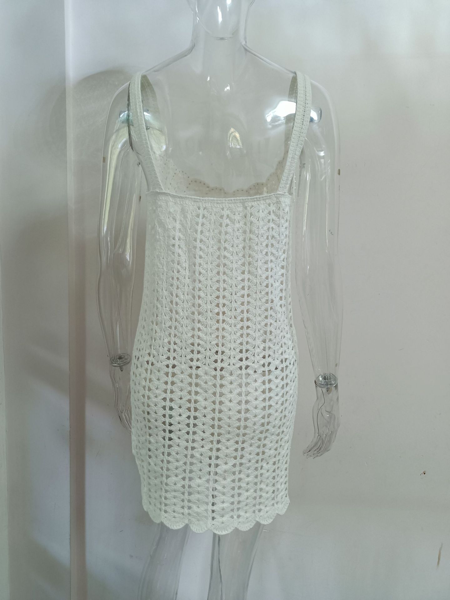Women knitting v-neck pearl hollow Strap Dress
