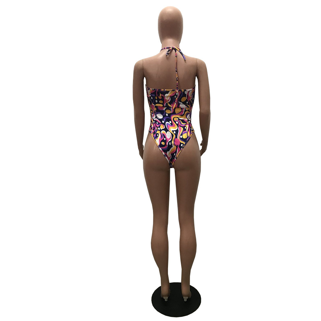 Women's fashion sexy Halter Lace-Up Low Back Print Bodysuit