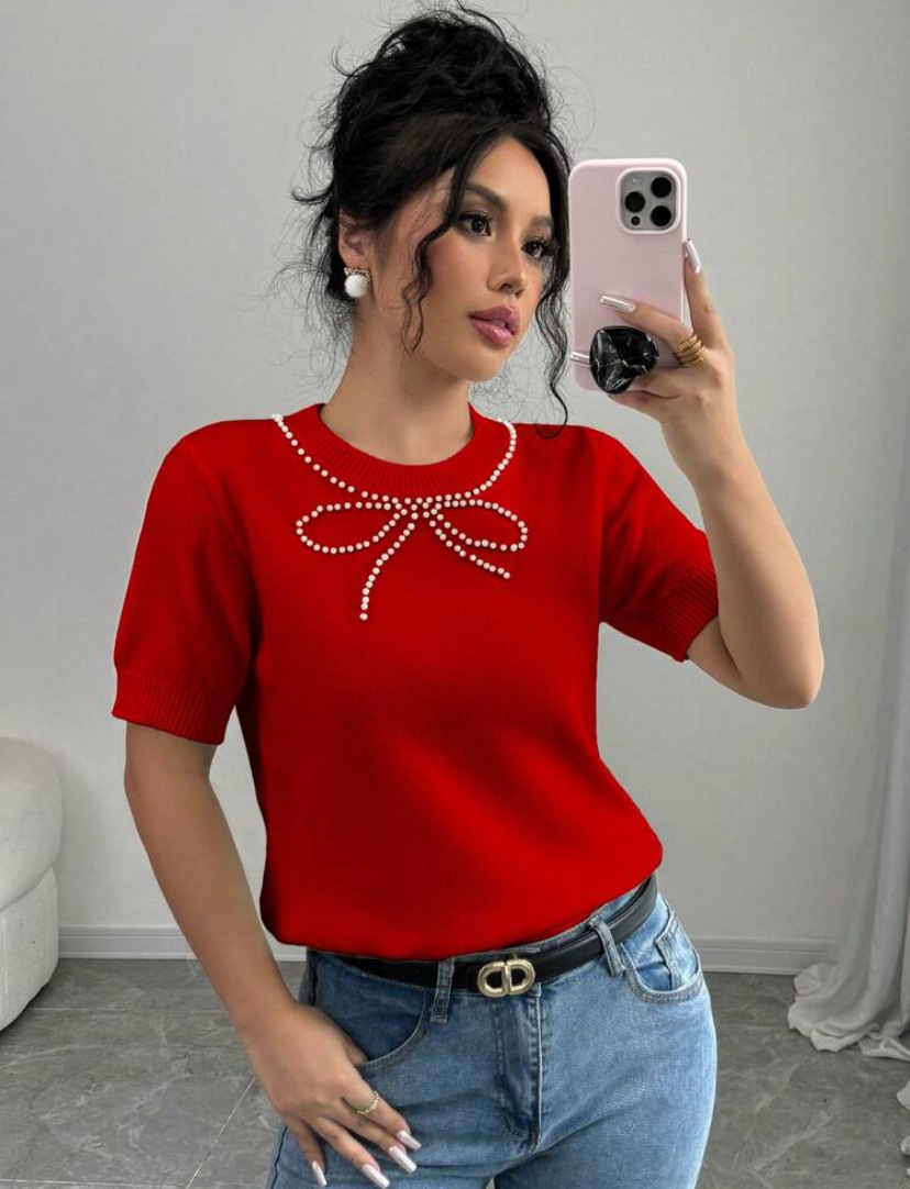 Women Solid Bow Beaded Top Short Sleeve T-shirt