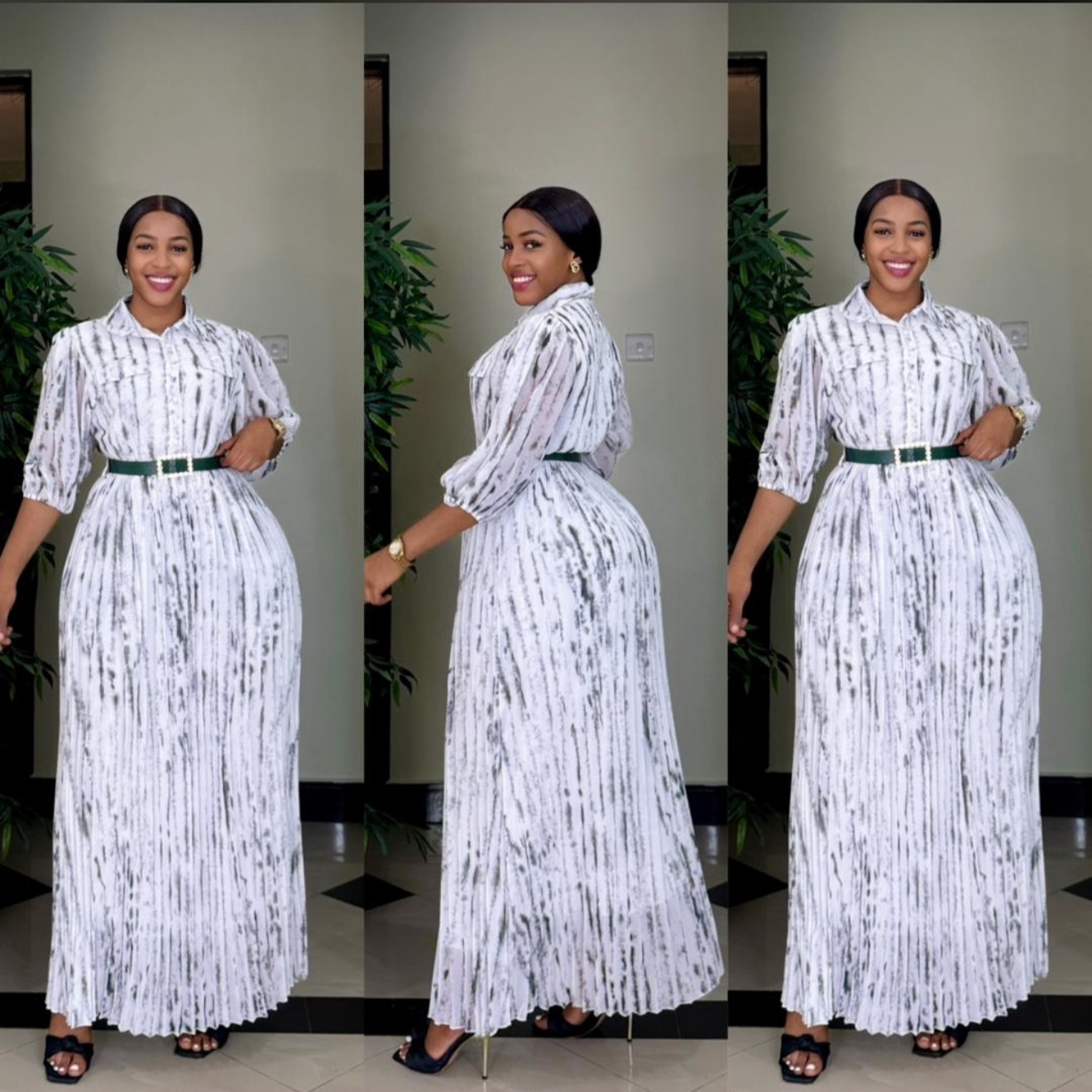 African Women Printed Turndown Collar Long Sleeve Chiffon Dress with Belt