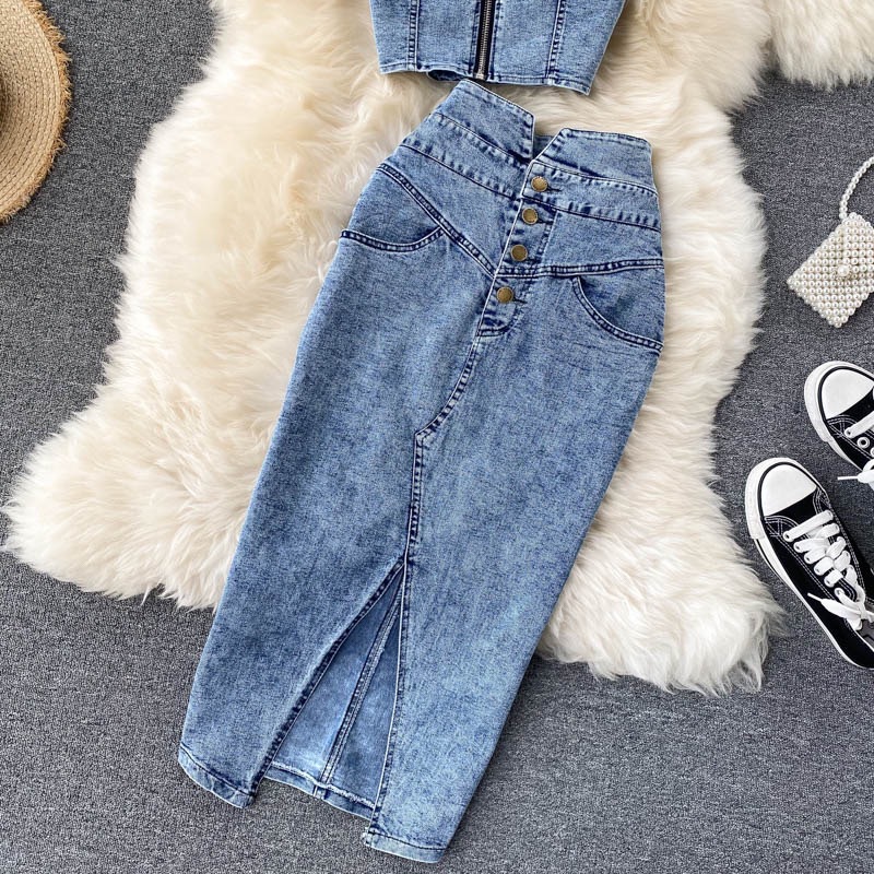 Women Camisole Denim Skirt Two-Piece Set