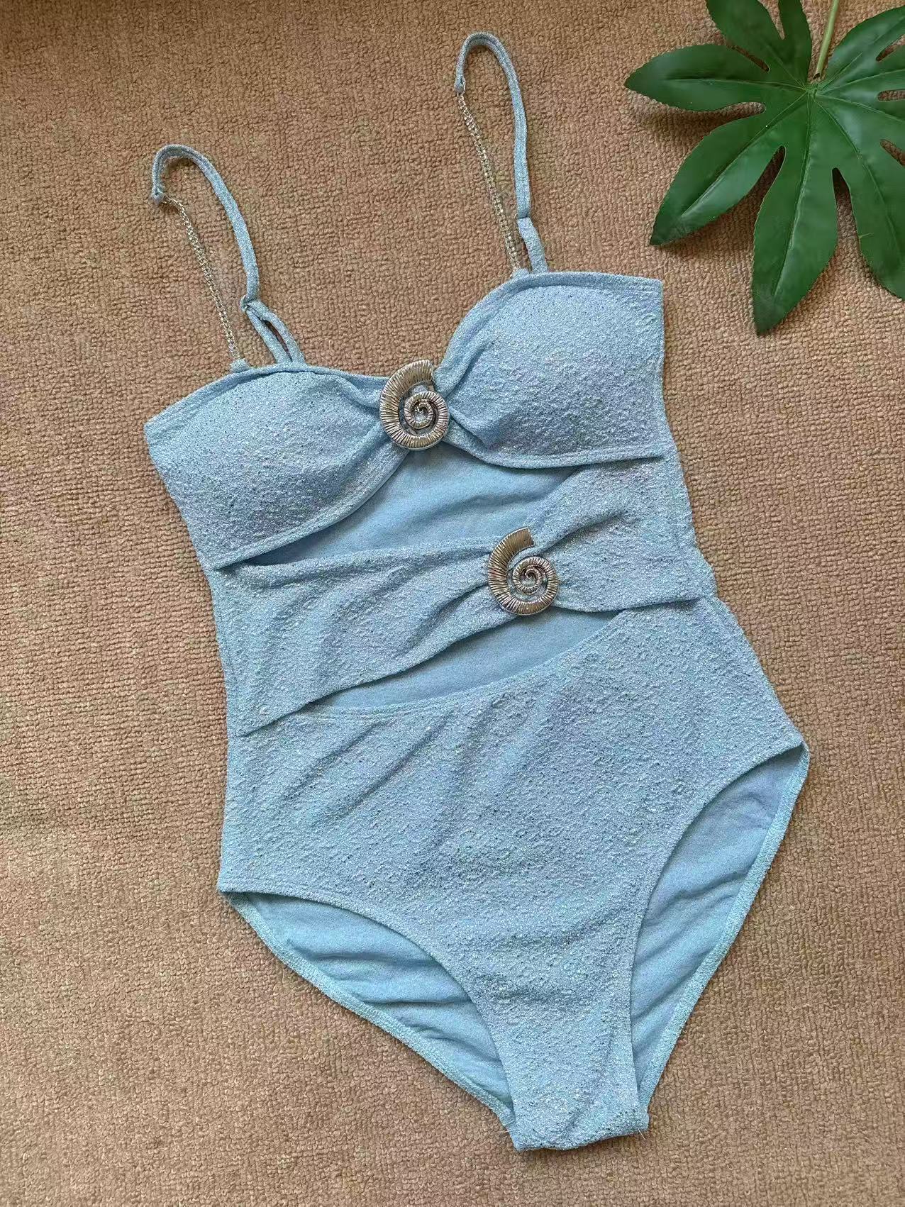 Women's Button Shiny Hollow One-Piece Swimsuit