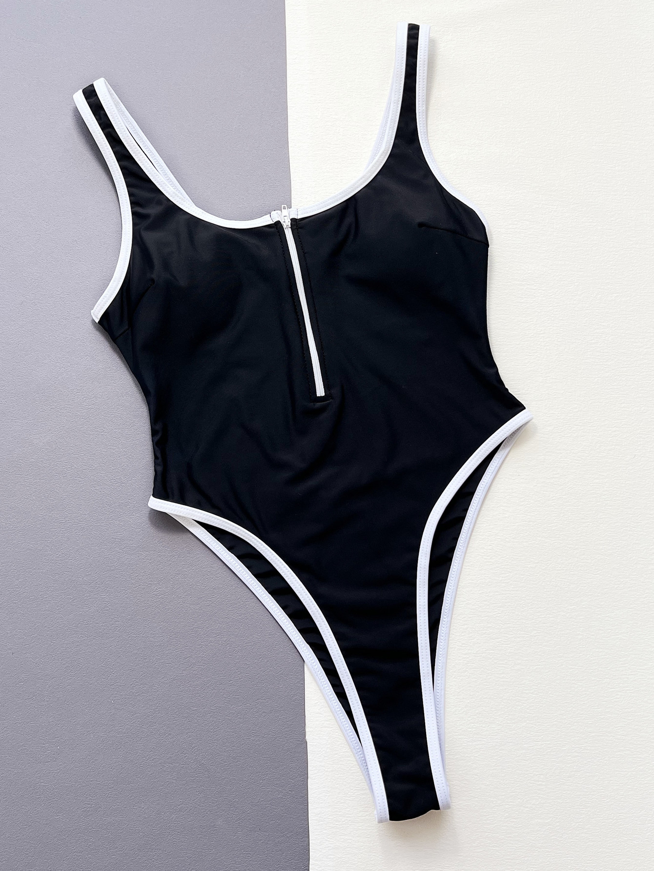 Sexy Black Zipper One Piece Swimsuit