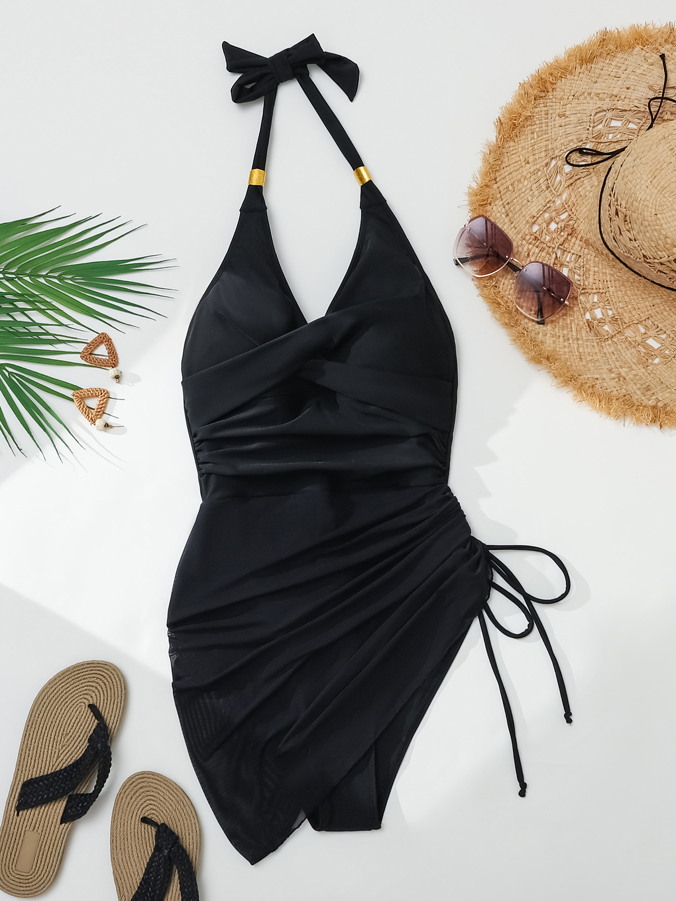 Women mesh patchwork drawstring sexy one-piece swimsuit