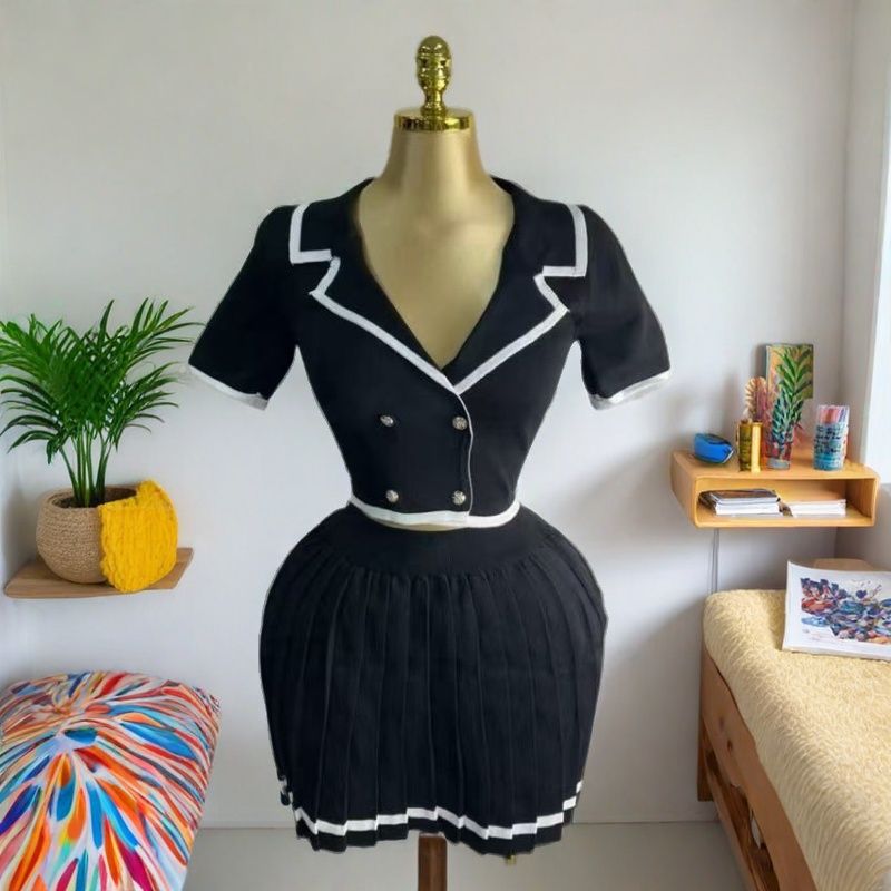 Women American summer short-sleeved knitting T-shirt and pleated skirt two-piece set