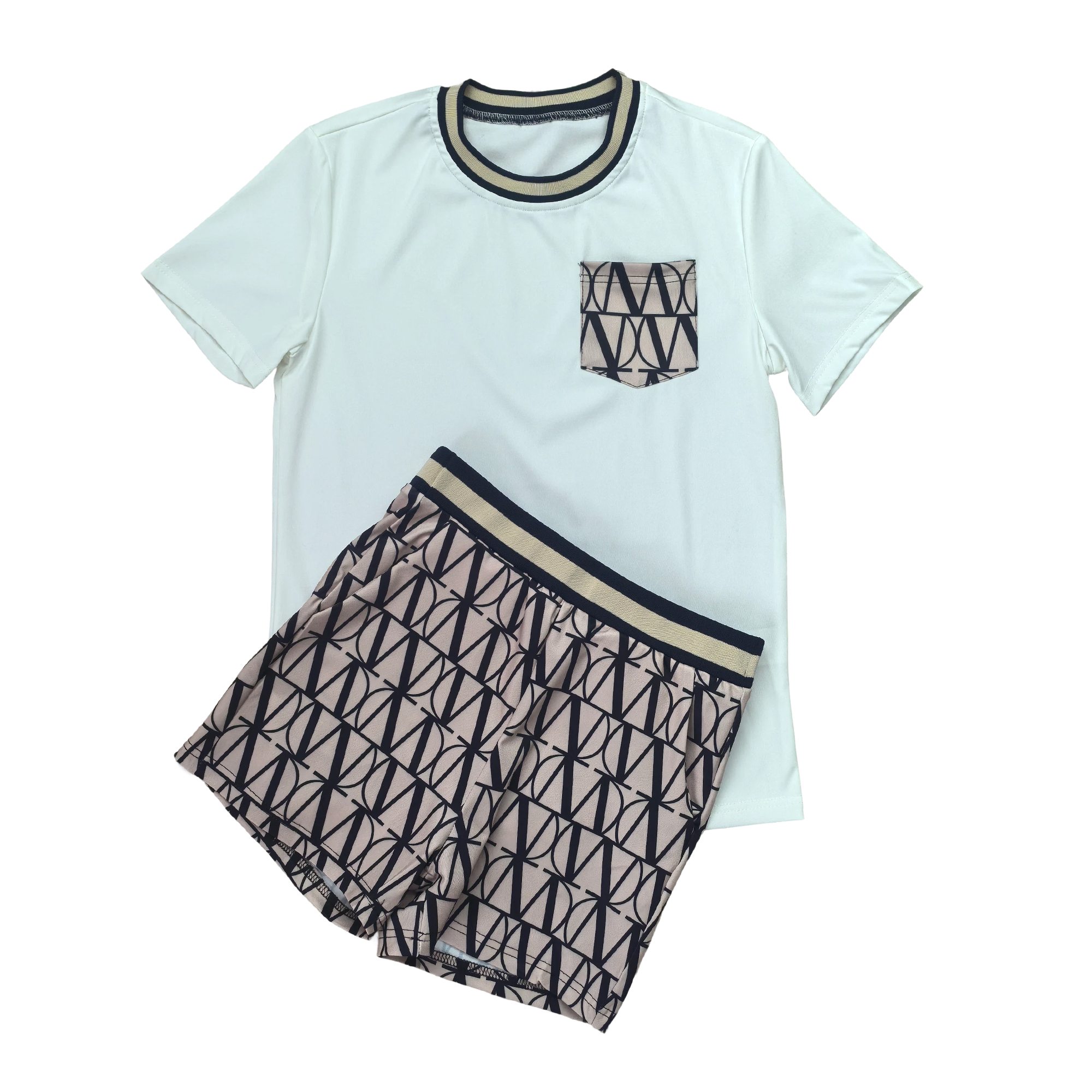 Women summer printed Round Neck pocket short-sleeved top and shorts two-piece set
