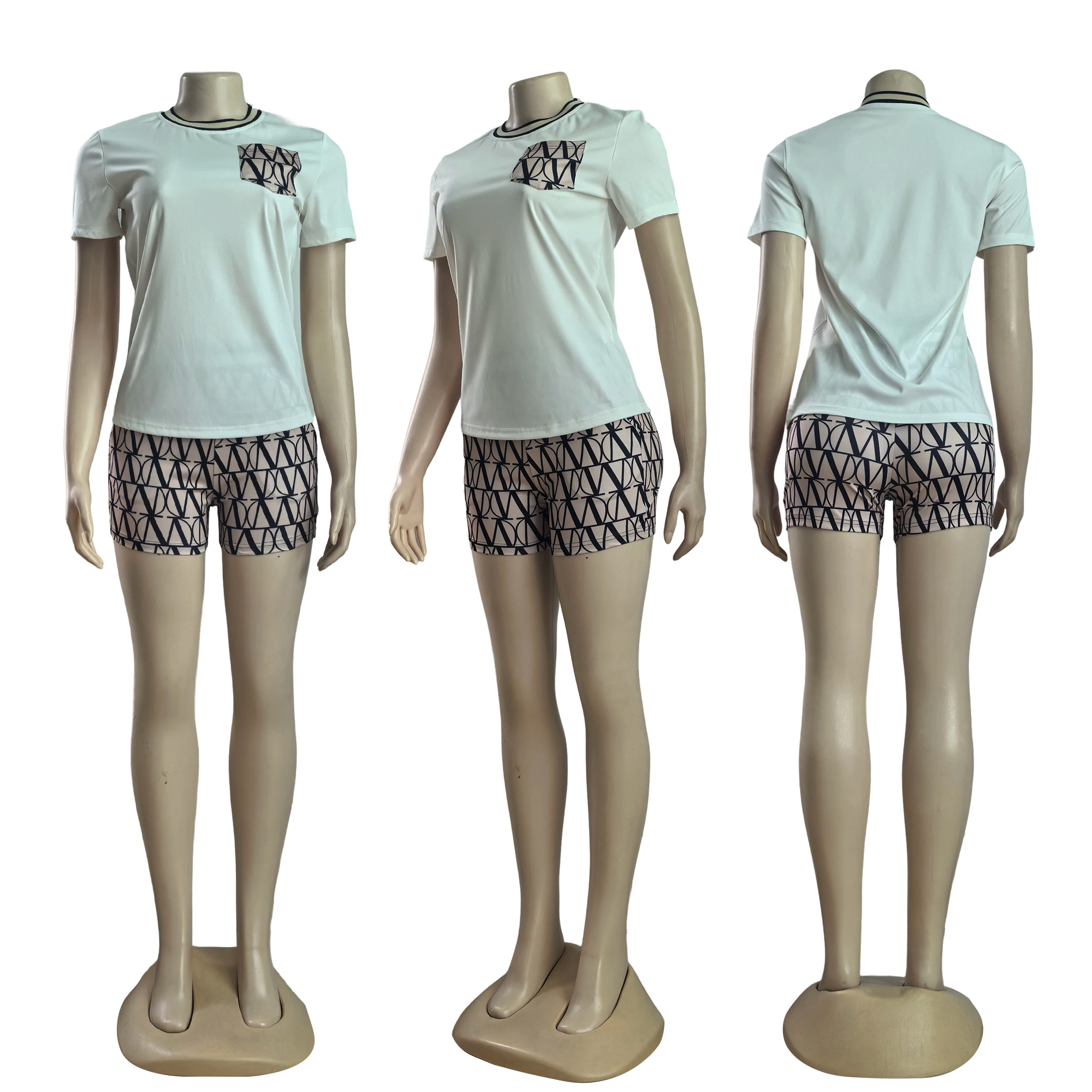 Women summer printed Round Neck pocket short-sleeved top and shorts two-piece set