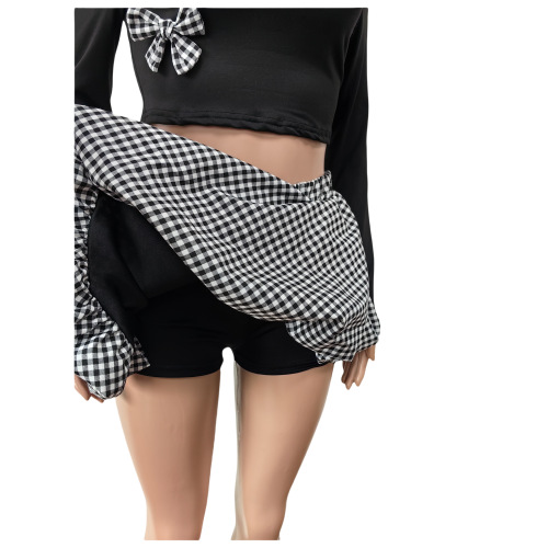 Bow Knot Long Sleeve Crop Top Shorts Two Piece Set