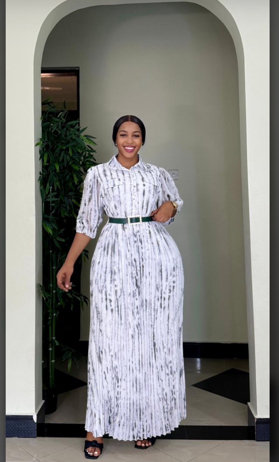 African Women Printed Turndown Collar Long Sleeve Chiffon Dress with Belt